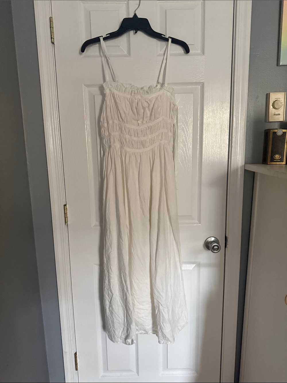 A. Ren White Smocked Maxi Dress - Spaghetti Strap linen